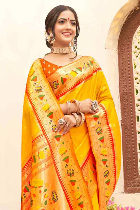 Yellow Paithani Silk Woven Saree