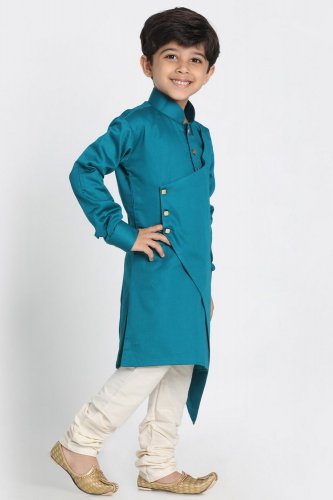 Boy's Cotton Art Silk Kurta Set in Green