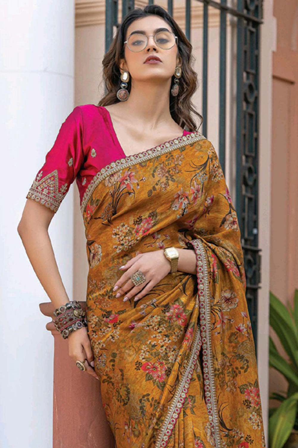 Beige Printed Silk Saree