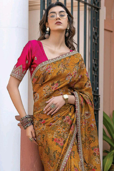 Beige Printed Silk Saree