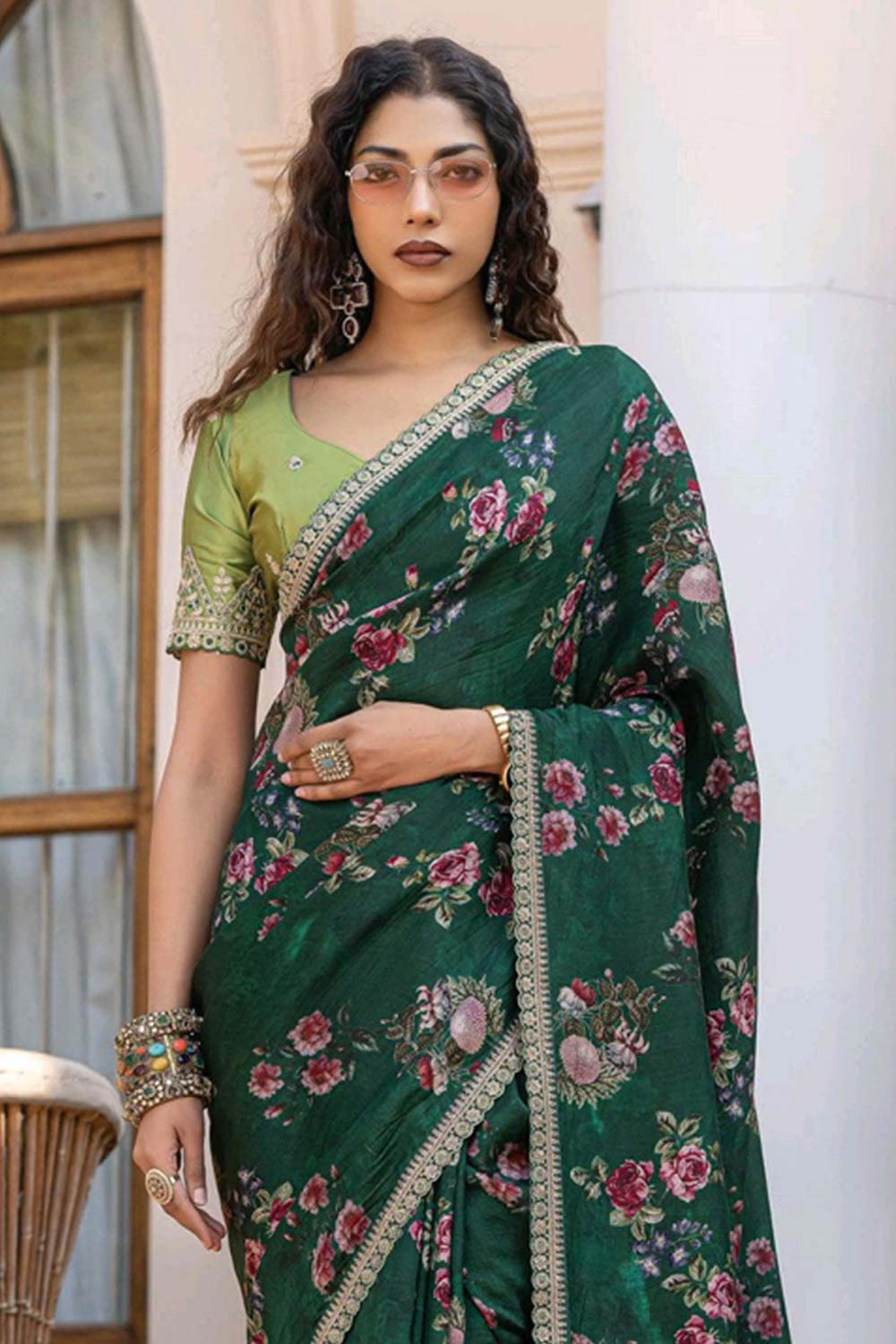 Green Printed Silk Saree