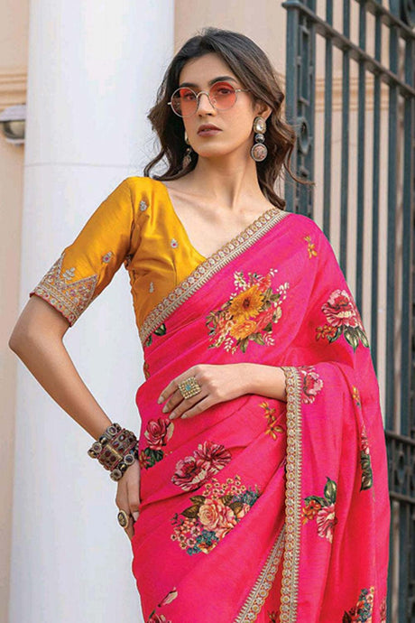 Pink Printed Silk Saree