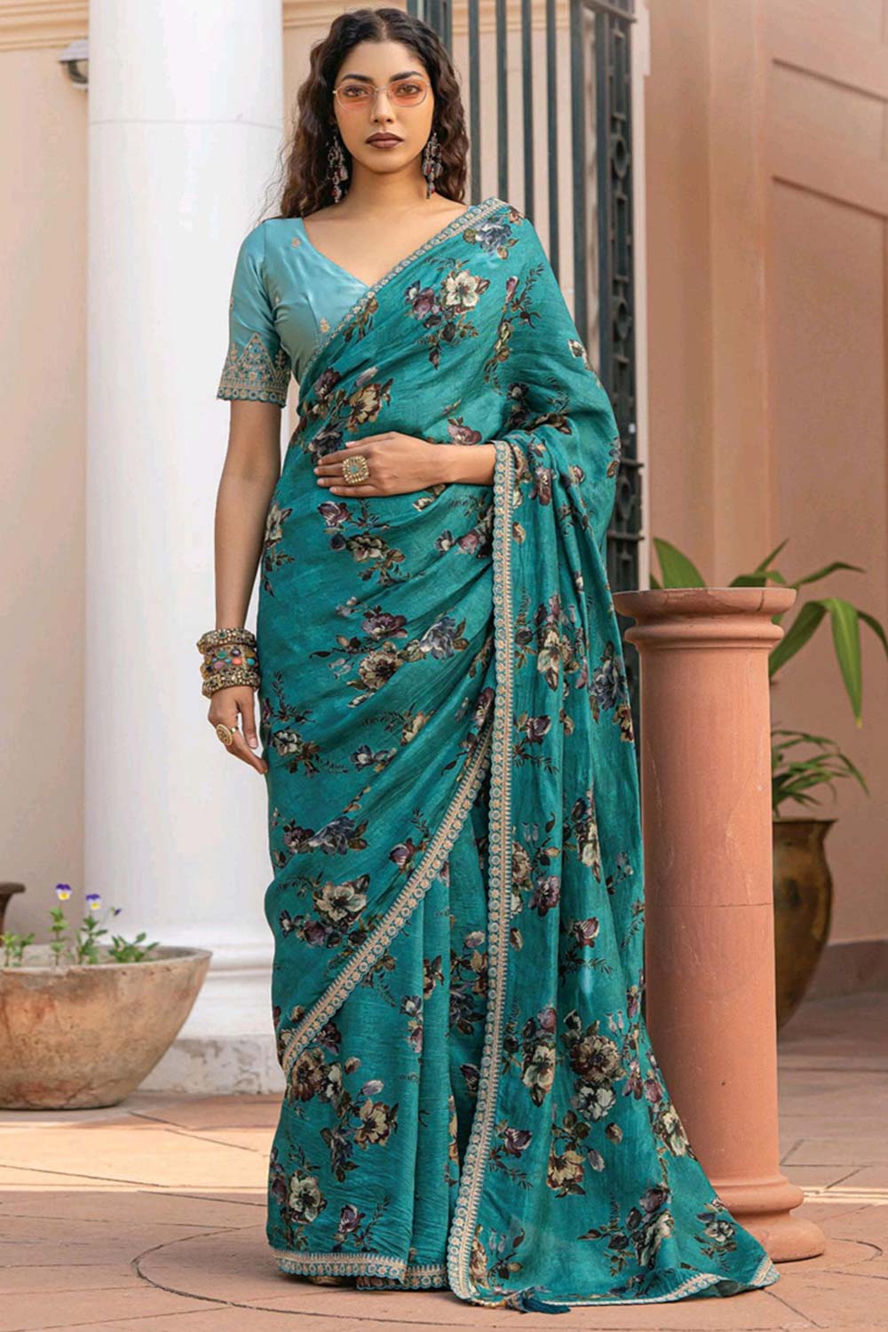 Turquoise Printed Silk Saree