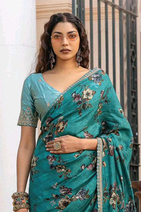 Turquoise Printed Silk Saree