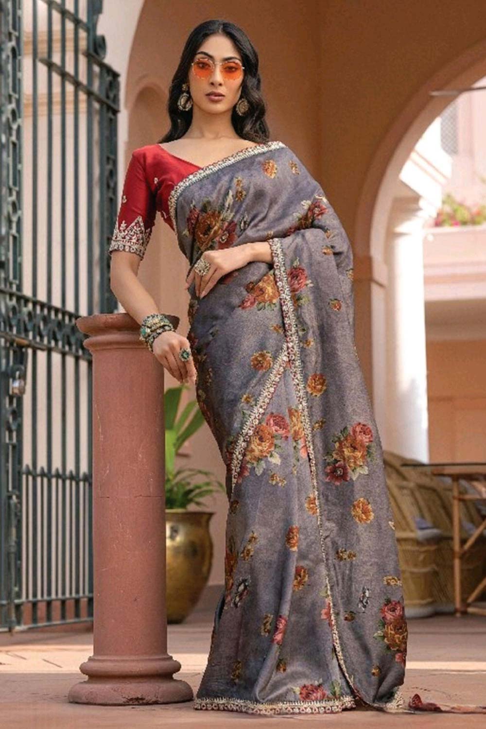 Grey Printed Silk Saree