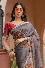 Grey Printed Silk Saree