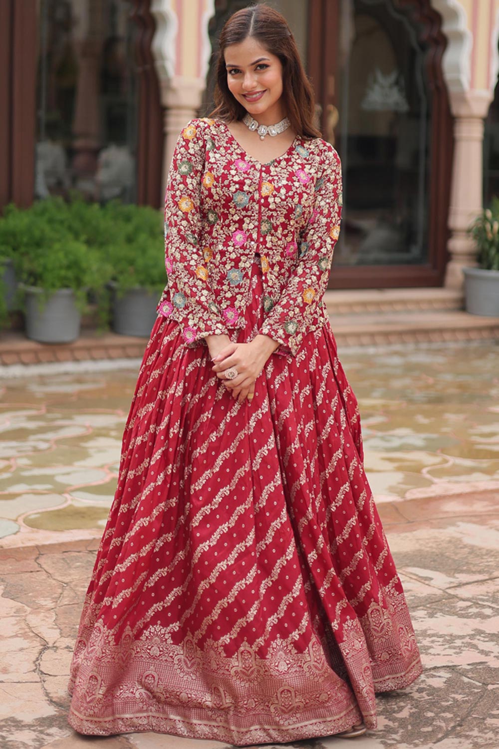 Red Solid Embroidered Viscose Lehenga Choli Set