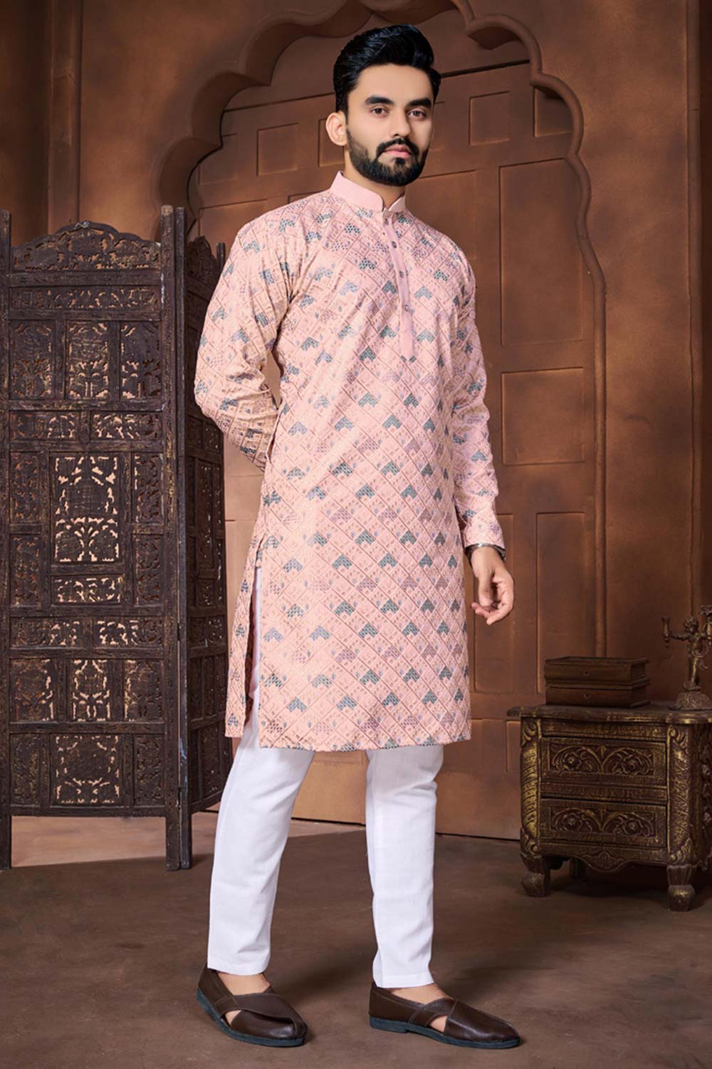 Pink Embroidered Silk Kurta Pajama Set