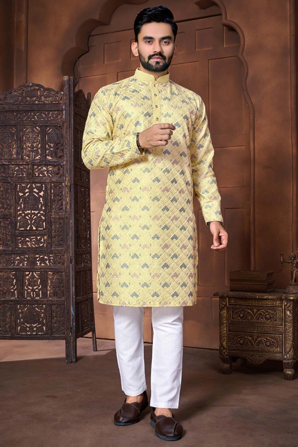 Yellow Embroidered Silk Kurta Pajama Set