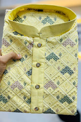 Yellow Embroidered Silk Kurta Pajama Set