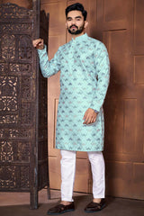 Blue Embroidered Silk Kurta Pajama Set