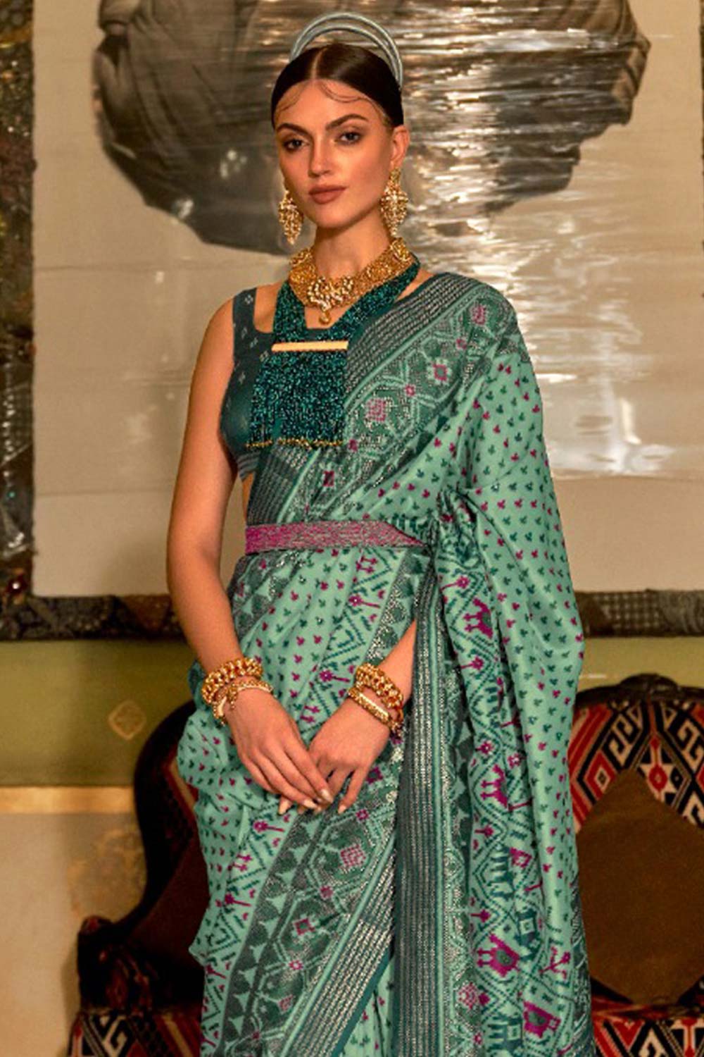 Green Printed Silk Saree