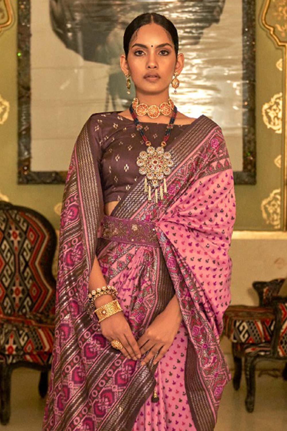 Brown Printed Silk Saree