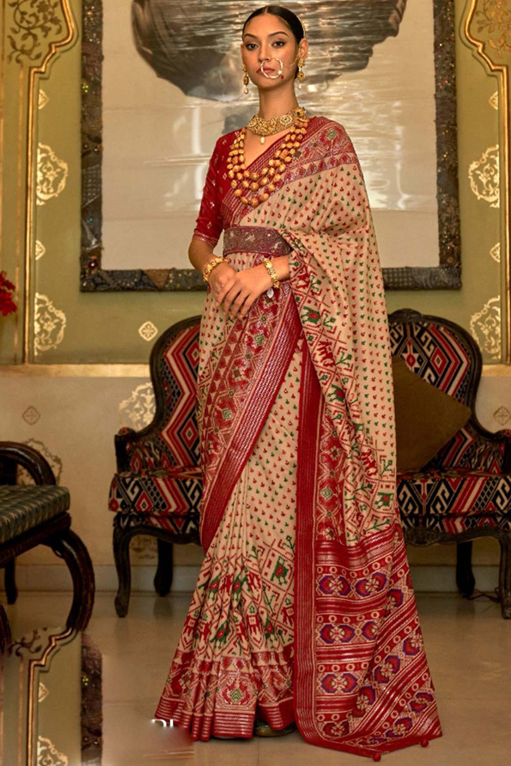 Beige Printed Silk Saree