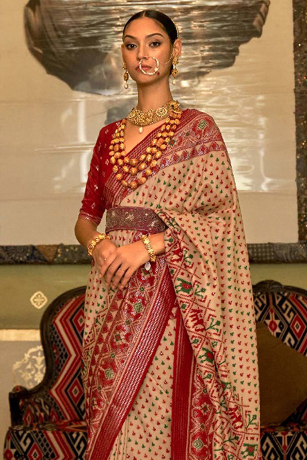 Beige Printed Silk Saree