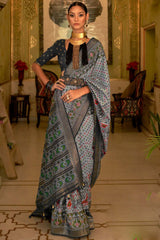 Grey Printed Silk Saree