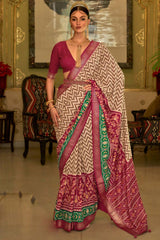 Beige Printed Silk Saree