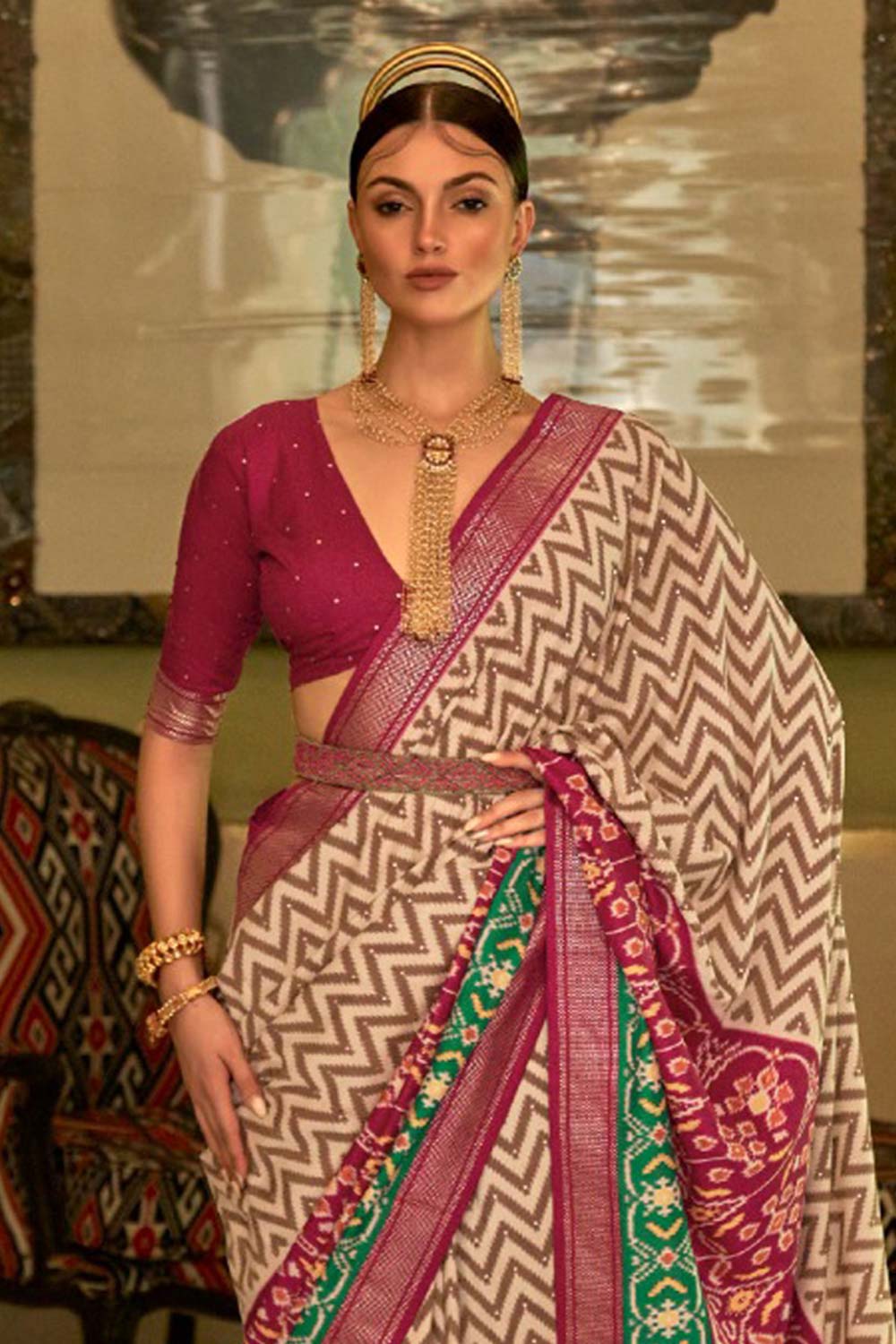 Beige Printed Silk Saree