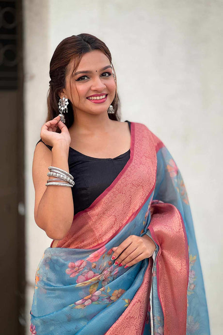 Blue Floral Print Tissue Saree