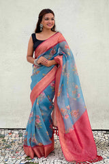 Blue Floral Print Tissue Saree