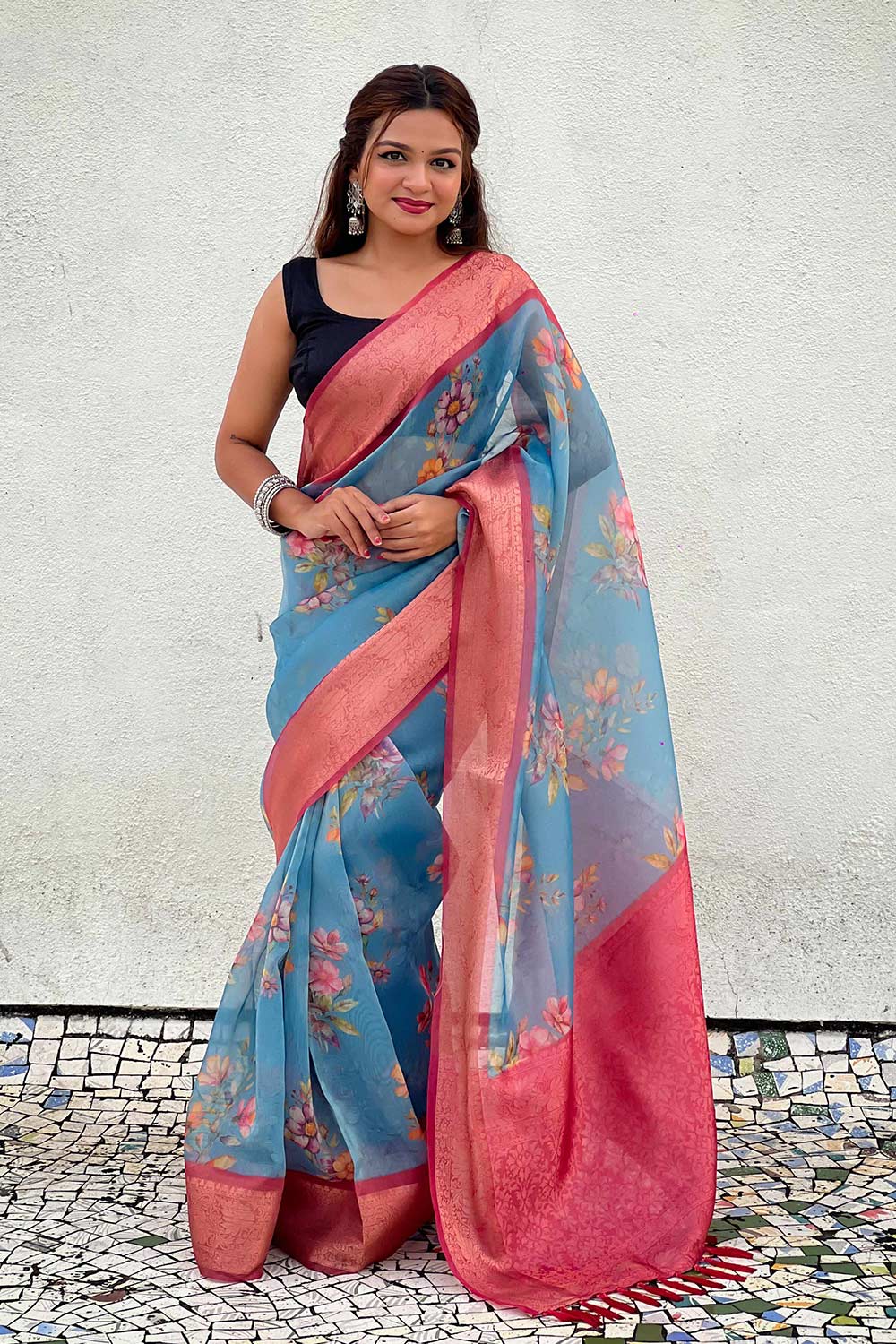 Blue Floral Print Tissue Saree