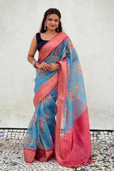 Blue Floral Print Tissue Saree