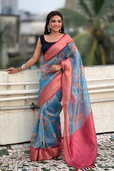 Blue Floral Print Tissue Saree