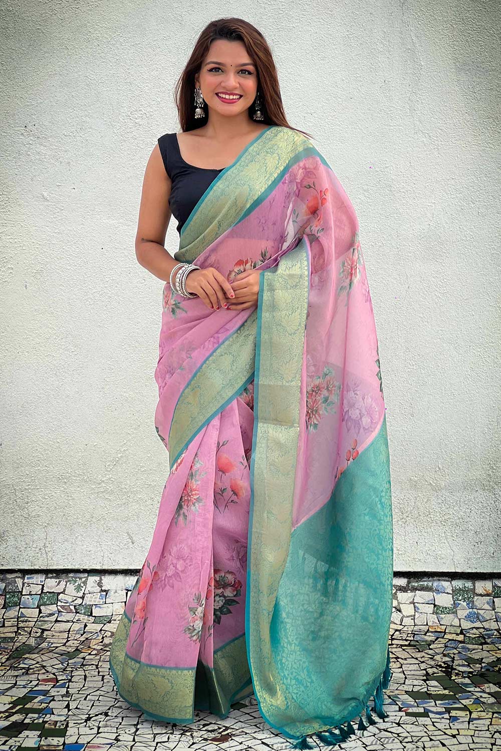 Violet Floral Print Tissue Saree