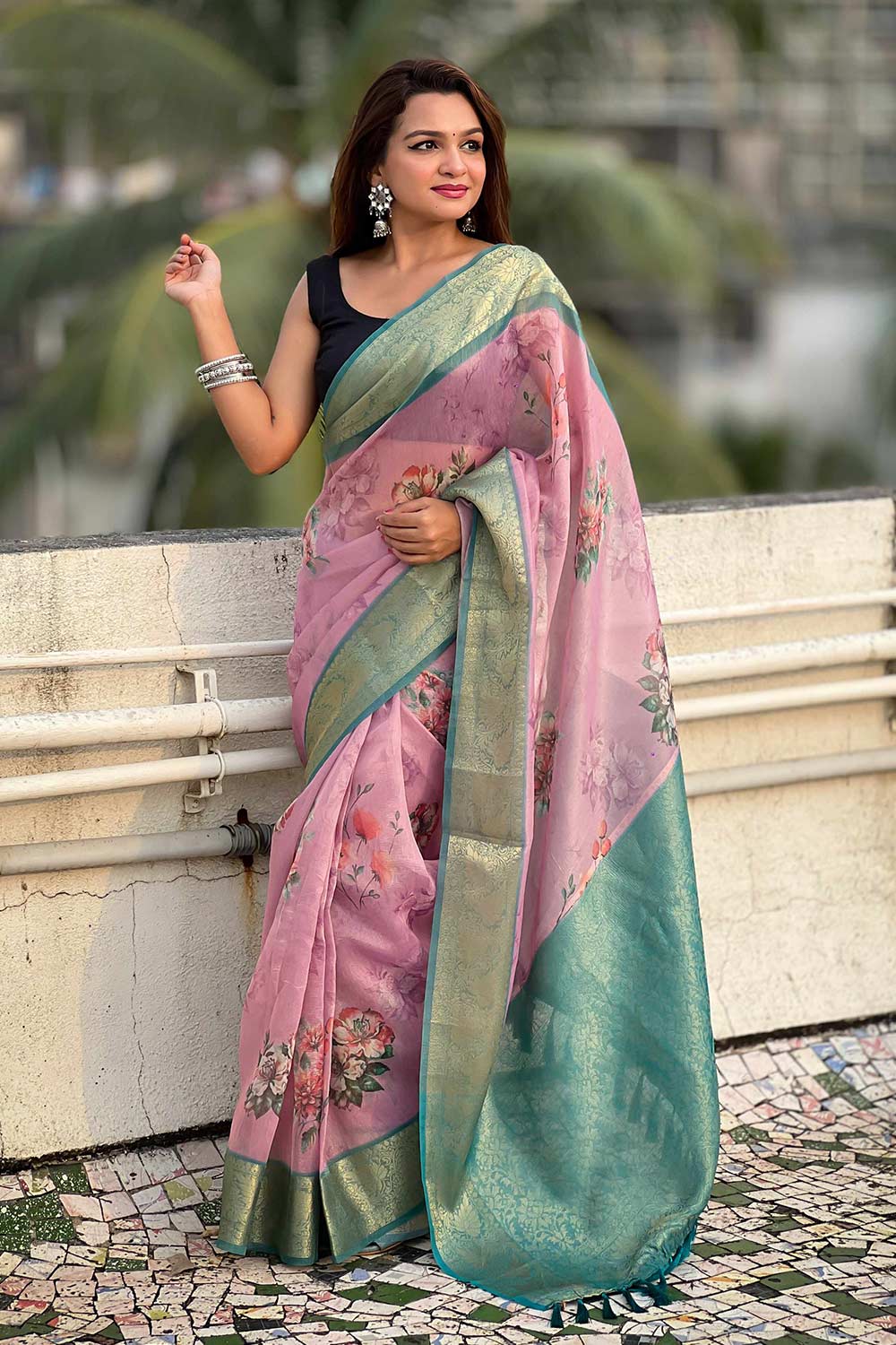 Violet Floral Print Tissue Saree