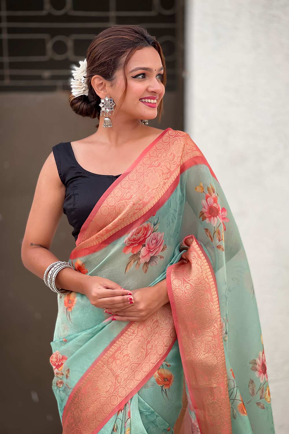 Turquoise Floral Print Tissue Saree