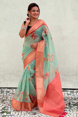 Turquoise Floral Print Tissue Saree