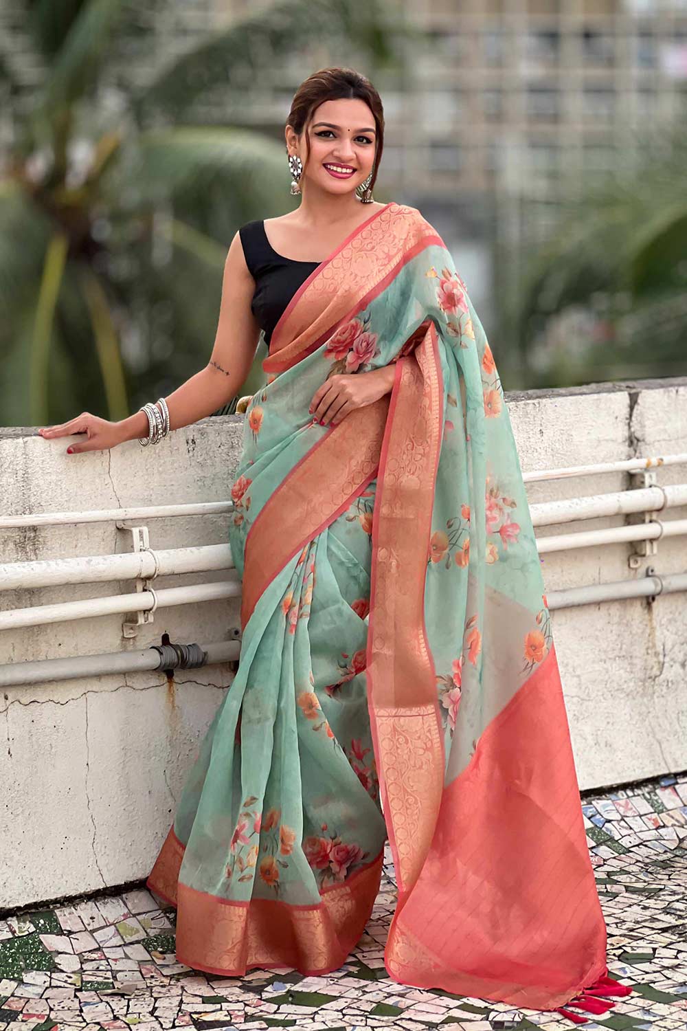 Turquoise Floral Print Tissue Saree