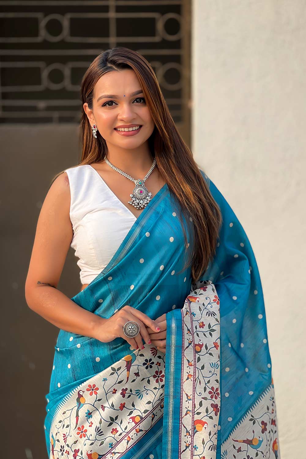 Turquoise Printed Silk Saree