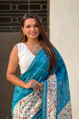 Turquoise Printed Silk Saree