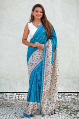 Turquoise Printed Silk Saree