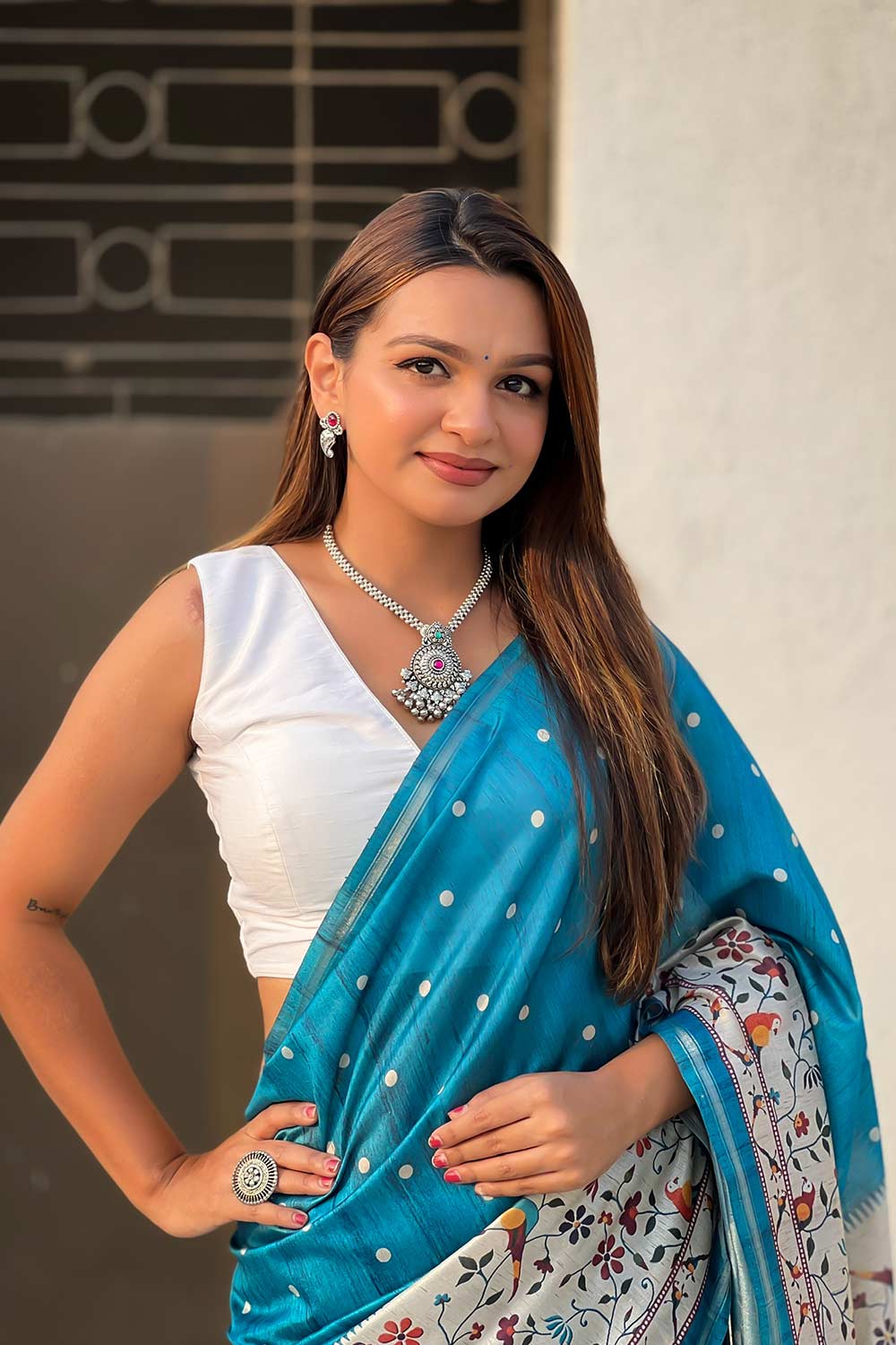 Turquoise Printed Silk Saree