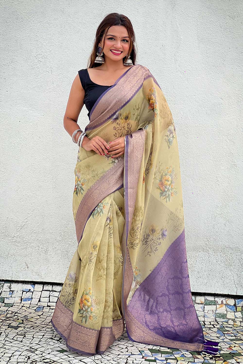 Green Floral Print Tissue Saree