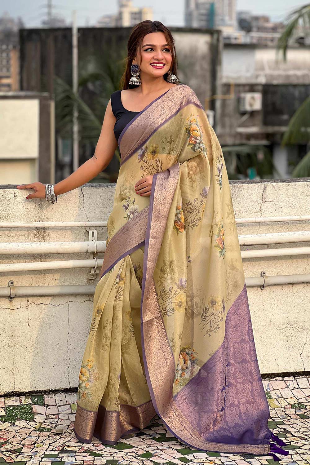 Green Floral Print Tissue Saree