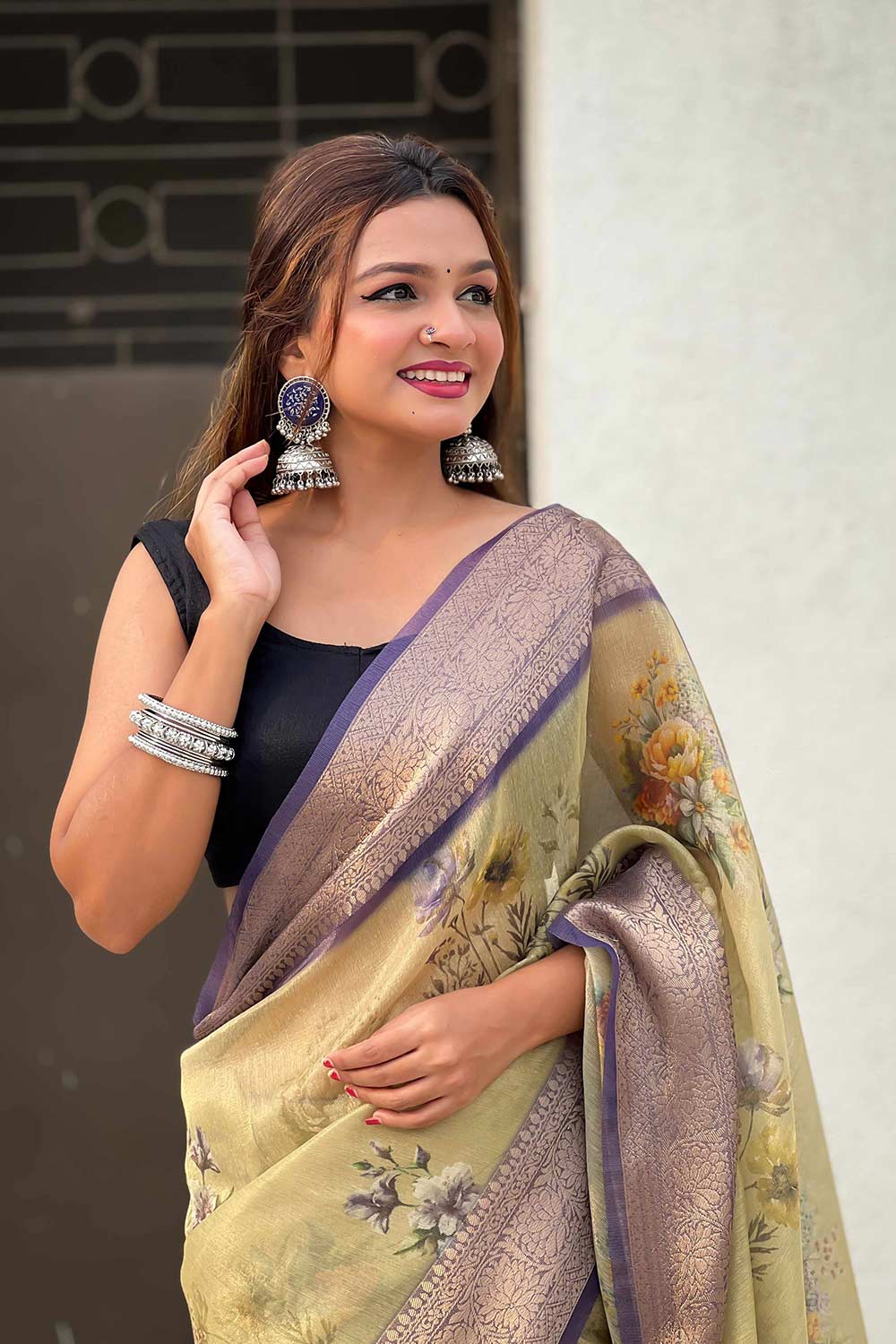 Green Floral Print Tissue Saree