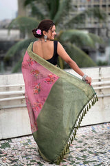 Pink Floral Print Tissue Saree