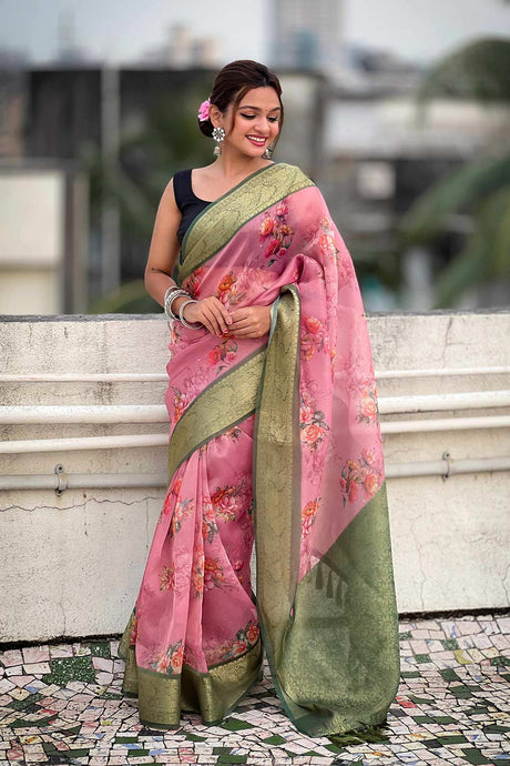 Pink Floral Print Tissue Saree