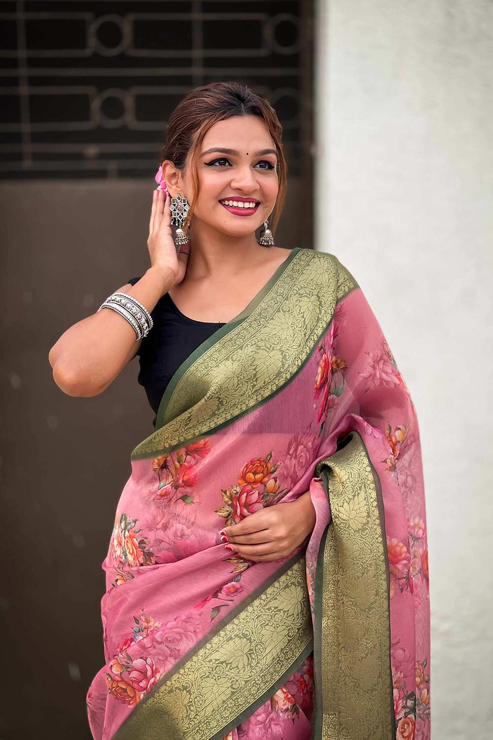 Pink Floral Print Tissue Saree