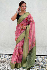 Pink Floral Print Tissue Saree