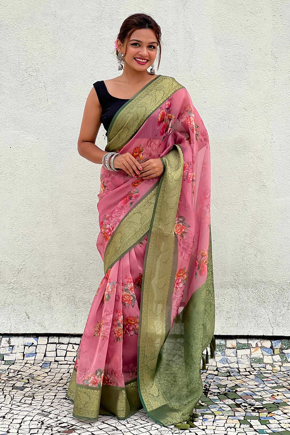 Pink Floral Print Tissue Saree