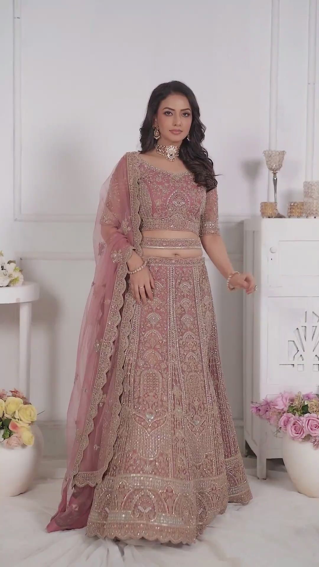 Pink Net Embroidered Lehenga Set