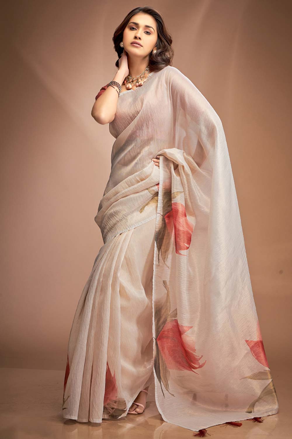 Beige Printed Silk Saree