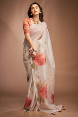 Beige Printed Silk Saree