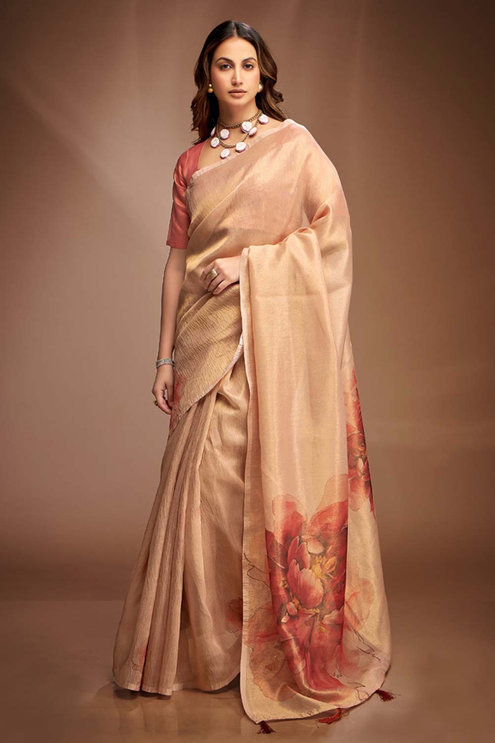 Beige Printed Silk Saree