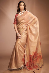 Beige Printed Silk Saree