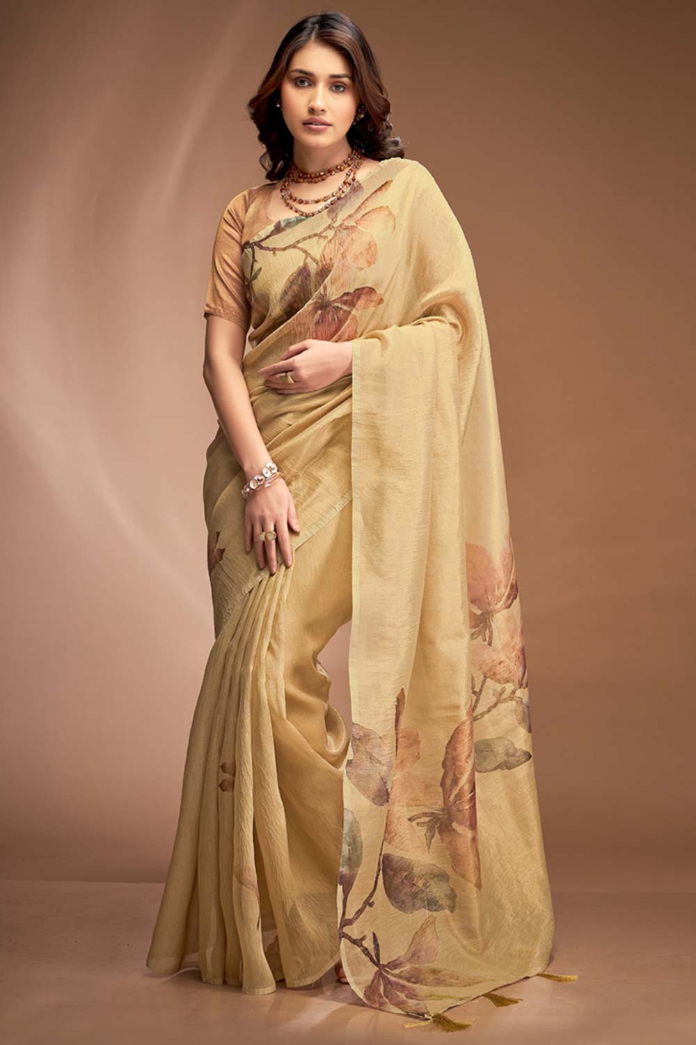 Yellow Printed Silk Saree